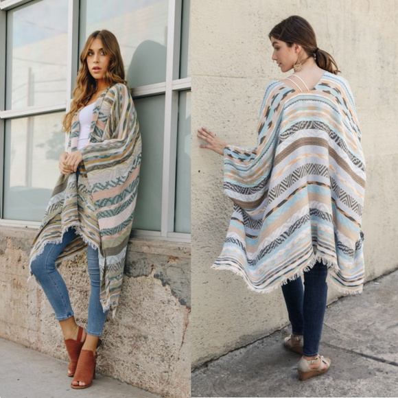 Sweaters - Geo Aztec Stripe Jacquard Kimono Poncho ONE SIZE